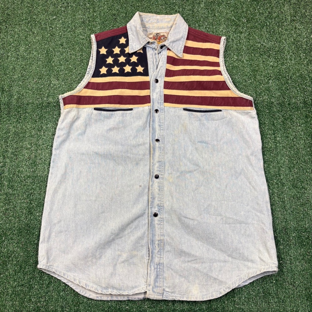 Vintage Gold River USA Denim Sleeveless Shirt Americana Western Biker Y2K
